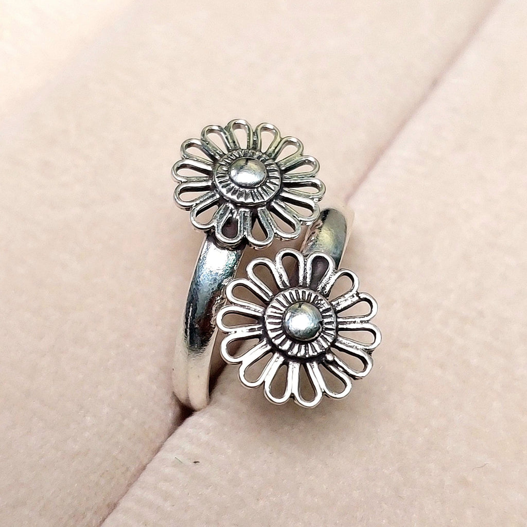 925 Silver Adjustable Dual-Flower Ring